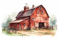 Red barn hand drawn watercolor illustration, vintage style farm, ranch, countryside shed, red wooden barn on white background, cou
