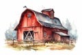 Red barn hand drawn watercolor illustration, vintage style farm, ranch, countryside shed, red wooden barn on white background, cou