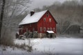 Red winter barn on christmas. Generative AI