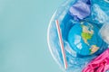 The concept of reducing plastic bags use: Modeled globes are sunk in many white plastic bags. Meaning, plastic bags are about to Royalty Free Stock Photo