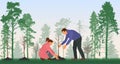 Concept of reforestation, environmental care. Planting trees. Man and woman plant bare tree. Vector illustration Royalty Free Stock Photo