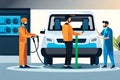 Refueling For Cars E-Mobility. Charging An Electric Car At Hybrid Engine Gasoline And Electricity Repair Shop Servi. Generative AI