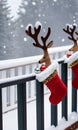 Reindeer Bells Jingling On A Snow-Covered Balcony Rail With Hanging Stockings, Morning, Outdoor, Side Shot. Generative AI