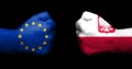 Concept of relations/conflict between Poland and the European Union symbolized by two opposed clenched fists