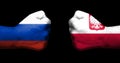 Concept of relations/conflict between Poland and Russia symbolized by two opposed clenched fists