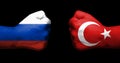 Concept of relations between Russia and Turkey symbolized by two opposed clenched fists