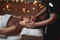 Lady have anti-age face massage in spa salon Royalty Free Stock Photo