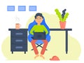 Concept Of Remote Freelance Work. The freelancer is focused on working on a laptop, behind a table with a flower. Near a