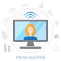 Concept of remote learning. Coach conducts online training on the globe background. Set icons of education
