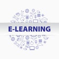 Concept of remote learning. Linear web banner for e-learning. Circle from thin line icons of online education in blue.