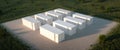 Aerial drone isometric view on renewable energy battery storage facility.