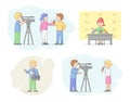 Concept Of Reportage And Interview. Journalists Interviewing People, News Presenters And Cameramen Or Videographers With
