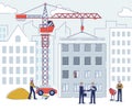 Concept Of Residential Apartments Build. Group Of Workers And Engineers Near Residential Under Construction House