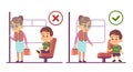 Concept of respect for elders, boy gives way to older woman. Child giving up his seat in transport to grandma. Etiquette