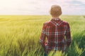 Concept of responsible farming, female farmer in cereal crops field Royalty Free Stock Photo