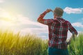 Concept of responsible farming, female farmer in cereal crops field