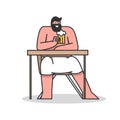 Concept Of Rest, Leisure. Undressed Man Sitting In Sauna At Table Wrapped With Towel And Drinking Mug Of Cold Beer