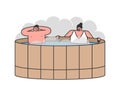 Concept Of Rest, Recovery And Health Care. Young Couple Man And Woman Sit In Jacuzzi With Hot Steam And Foam Bubbles