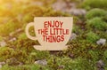 On the moss in the rays of the sun, a cup with the inscription - Enjoy the little things Royalty Free Stock Photo