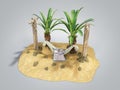 Concept of rest sand island and hammock on wooden pillars 3d render on grey gradient