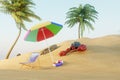 the concept of rest on the sea. a crab in a hat under an umbrella next to a sunbed, among palm trees and sand. 3D render