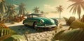 retro road travel tropical vintage vacation trip summer beach car. Generative AI. Royalty Free Stock Photo