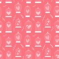 Concept retro seamless pattern with birds cage and hearts inside. monochrome vector illustration.