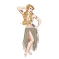 Concept of retro woman woman dancing in Hawaiian dress.