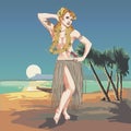 Concept of retro woman woman dancing in Hawaiian dress.