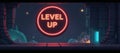 Retrostyle pixelated game backdrop featuring a levelup button