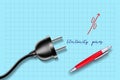 Concept, rising electricity prices. Electric plug, and a red up arrow with percentages, on a blue background. Pen. Copy space.