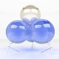 Three blue glass balls holding champagne ball above isolated on white background. Rising power concept, 3D illustration, 3D render