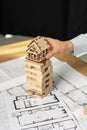 Concept of risk and building tax. Vertical photo of confident lady in her formal wear stand indoor light workplace office room,