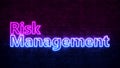 Concept Risk Manager. Purple and Blue Neon inscription on a dark brick wall. 3d render