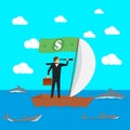 The concept of risks in business and management. A businessman on a sailing boat looks through a spyglass.