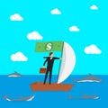 The concept of risks in business and management. Businessman on a sailing boat surrounded by sharks. Vector illustration.