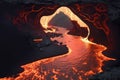 River of magma in a cave full of lava