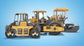 Concept road construction equipment for laying asphalt 3d rendering on blue background with shadow