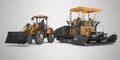 Concept road construction equipment wheeled bulldozer and tracked paver 3d rendering on gray background with shadow