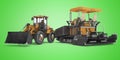 Concept road construction equipment wheeled bulldozer and tracked paver 3d rendering on green background with shadow