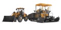 Concept road construction equipment wheeled bulldozer and tracked paver 3d rendering on white background no shadow