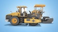 Concept road construction equipment for road works asphalt paver construction roller 3d rendering on blue background with shadow