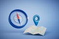 the concept of road definition. map with a GPS point and a compass on a blue background. 3D render Royalty Free Stock Photo