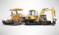 Concept road machinery paver excavator small loader 3d render on gray background with shadow