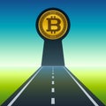 Bitcoin and keyhole shape at end of road