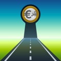 Euro coin and keyhole shape at end of road