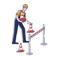 Concept Of Road Works. Man Is Setting Warning Signs For Safety Of Pedestrians And Traffic