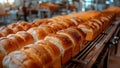 Automated Linear Motion Sorting Process in a Bakery Factory for Pre-made Bread. Concept Robotic Royalty Free Stock Photo