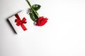 Concept of romantic gift in the form of the red rose and boxes with jewelry Royalty Free Stock Photo