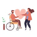 Concept of romantic relationships and marriage with handicapped man. Vector illustration of love. Family with disabled